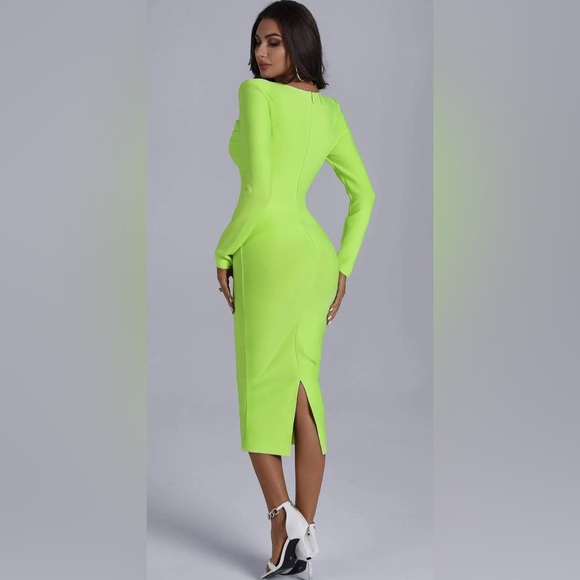 Lime Square Neck Midi Bandage Dress - Picture 4 of 7